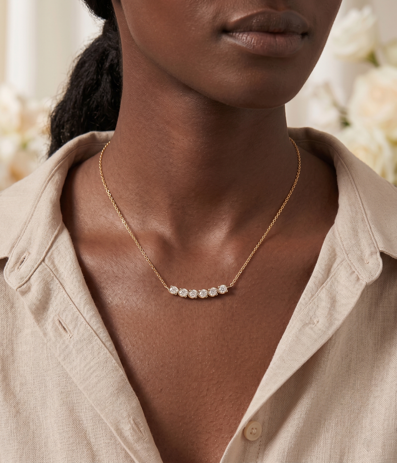 lumina forge eternal wave moissanite necklace in yellow gold finish — model view