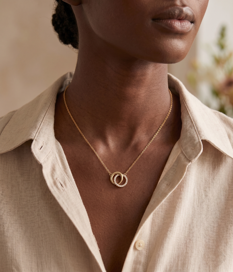 lumina forge eternal interlock moissanite necklace in yellow gold finish — model view