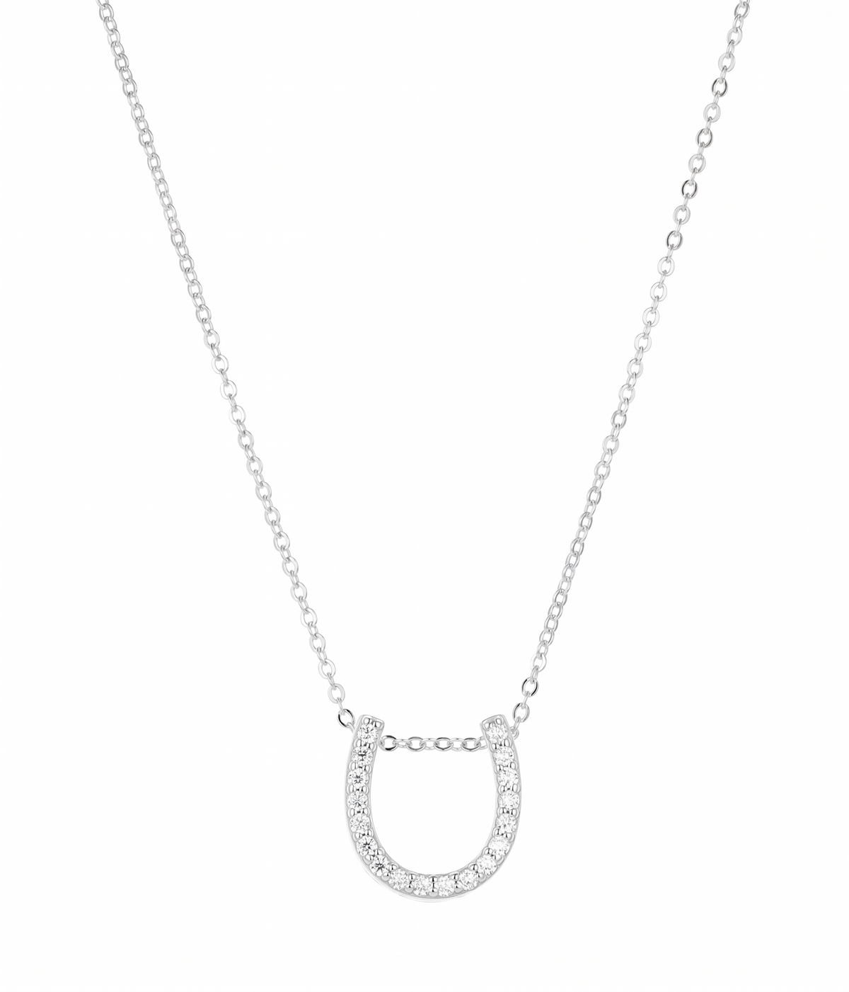 lumina forge lucky horseshoe moissanite necklace in white gold finish — front view