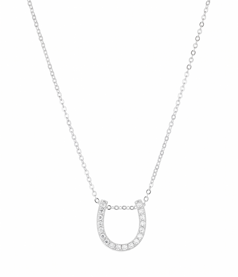 lumina forge lucky horseshoe moissanite necklace in white gold finish — front view