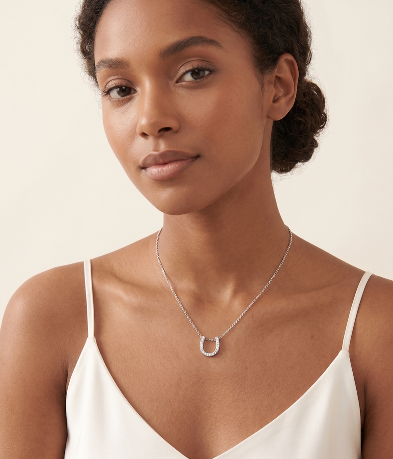 lumina forge lucky horseshoe moissanite necklace in white gold finish — model view