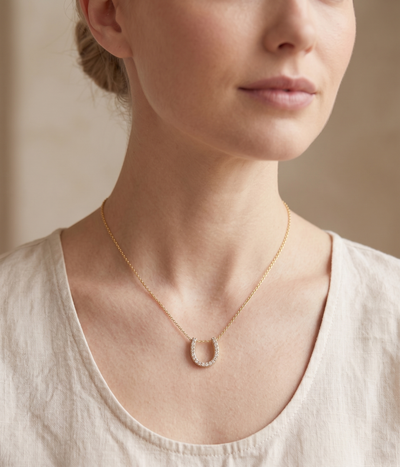 lumina forge lucky horseshoe moissanite necklace in yellow gold finish — model view
