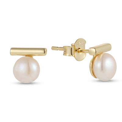 lumina pearl bar stud earrings in yellow gold finish — front view
