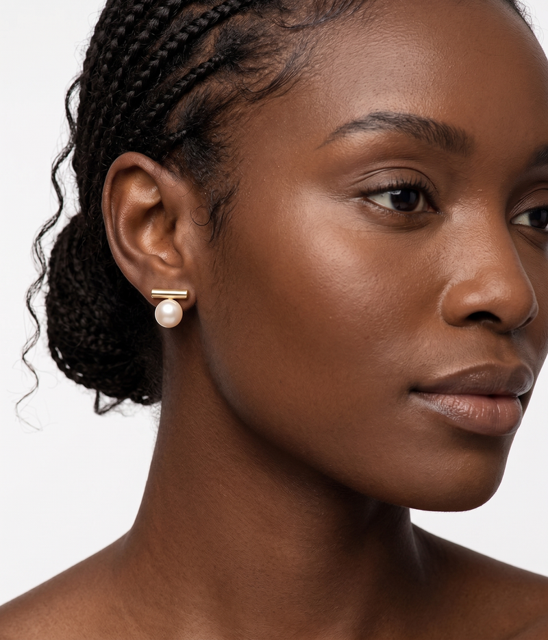 lumina pearl bar stud earrings in yellow gold finish — model view