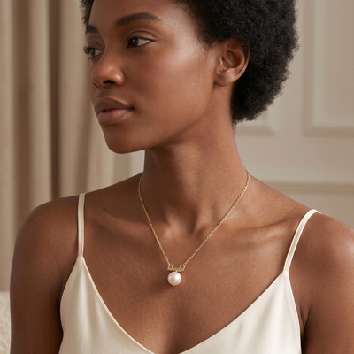 lumina pearl bar pendant necklace in yellow gold finish — model view