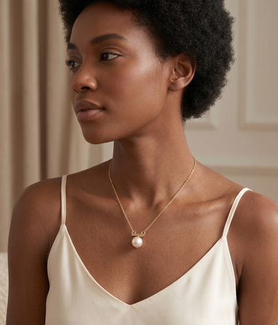 lumina pearl bar pendant necklace in yellow gold finish — model view