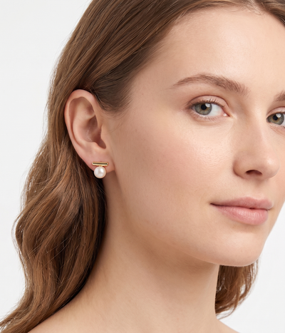 lumina pearl bar stud earrings in yellow gold finish — model view