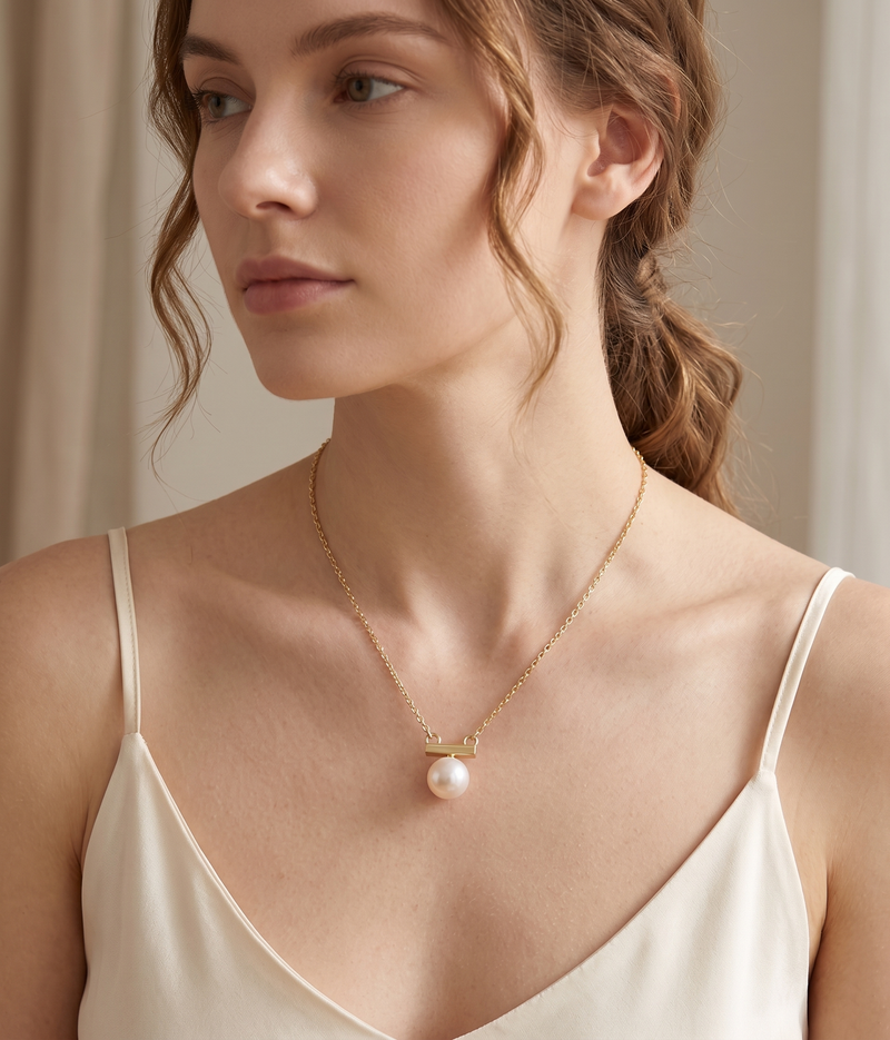 lumina pearl bar pendant necklace in yellow gold finish — model view