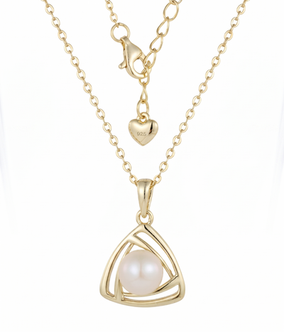lumina pearl triangle pendant necklace in yellow gold finish — back view