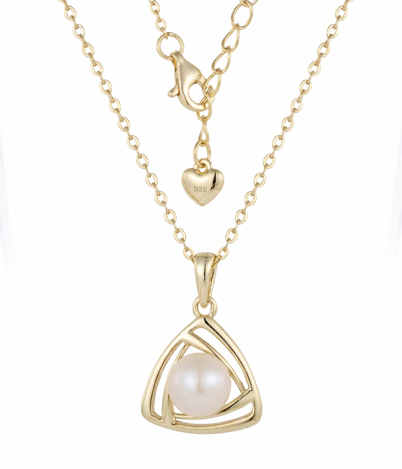 lumina pearl triangle pendant necklace in yellow gold finish — back view