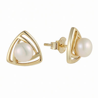 lumina pearl triangle stud earrings in yellow gold finish — front view