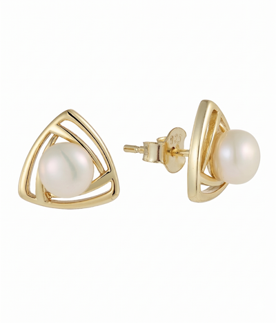lumina pearl triangle stud earrings in yellow gold finish — front view