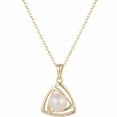 lumina pearl triangle pendant necklace in yellow gold finish — front view