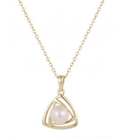 lumina pearl triangle pendant necklace in yellow gold finish — front view