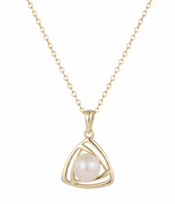 lumina pearl triangle pendant necklace in yellow gold finish — front view