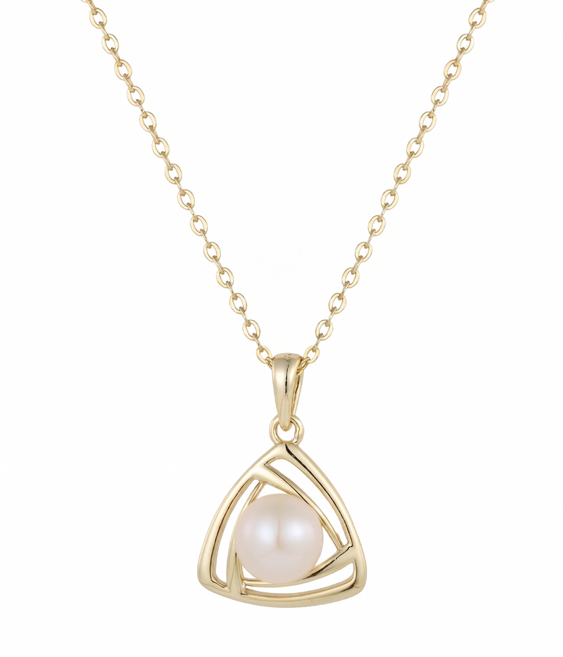 lumina pearl triangle pendant necklace in yellow gold finish — front view