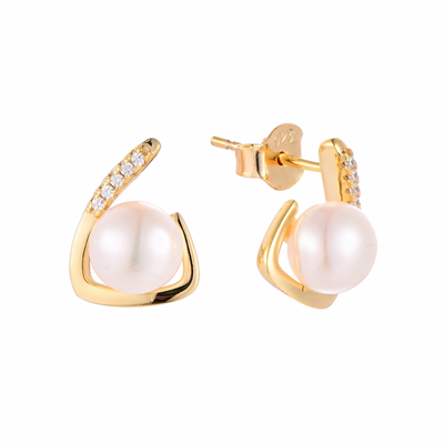lumina pearl teardrop stud earrings in yellow gold finish — front view