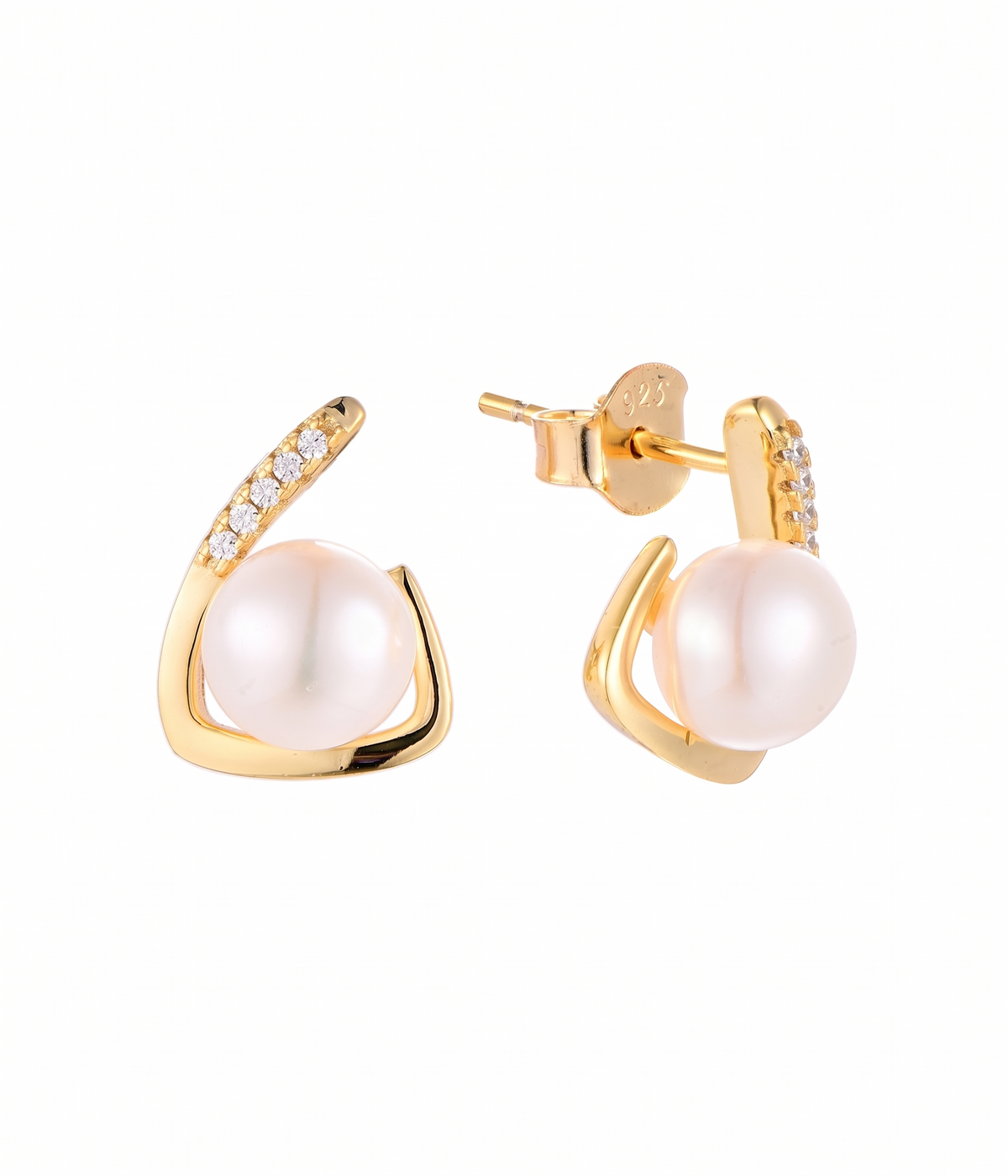 lumina pearl teardrop stud earrings in yellow gold finish — front view