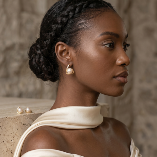 lumina pearl teardrop stud earrings in yellow gold finish — model view