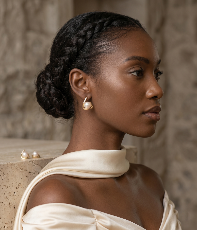 lumina pearl teardrop stud earrings in yellow gold finish — model view