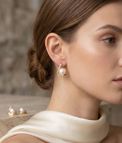 lumina pearl teardrop stud earrings in yellow gold finish — model view
