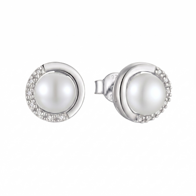 lumina pearl orbit stud earrings in white gold finish — front view