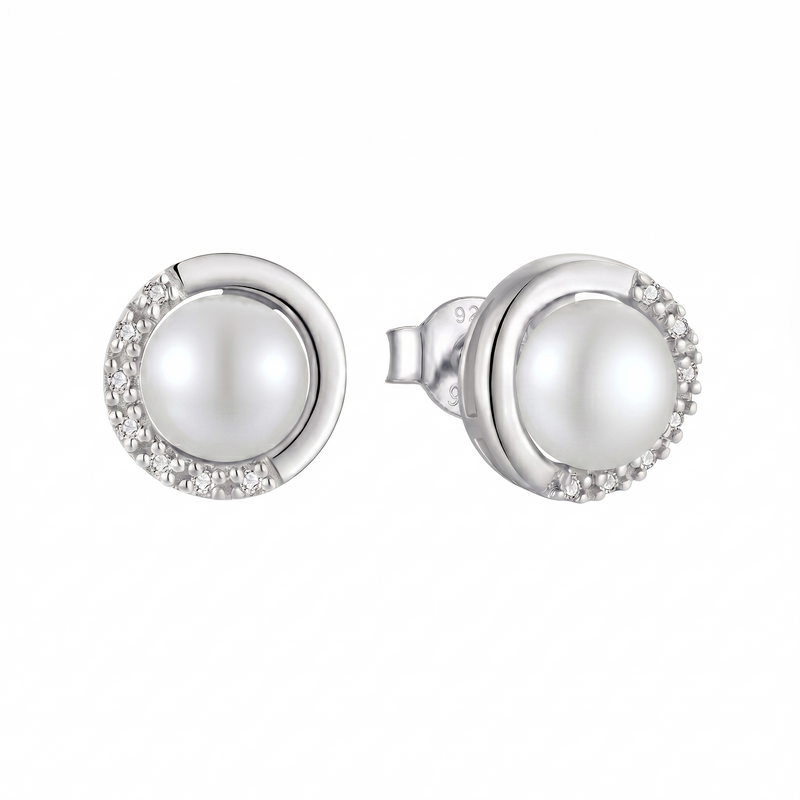 lumina pearl orbit stud earrings in white gold finish — front view