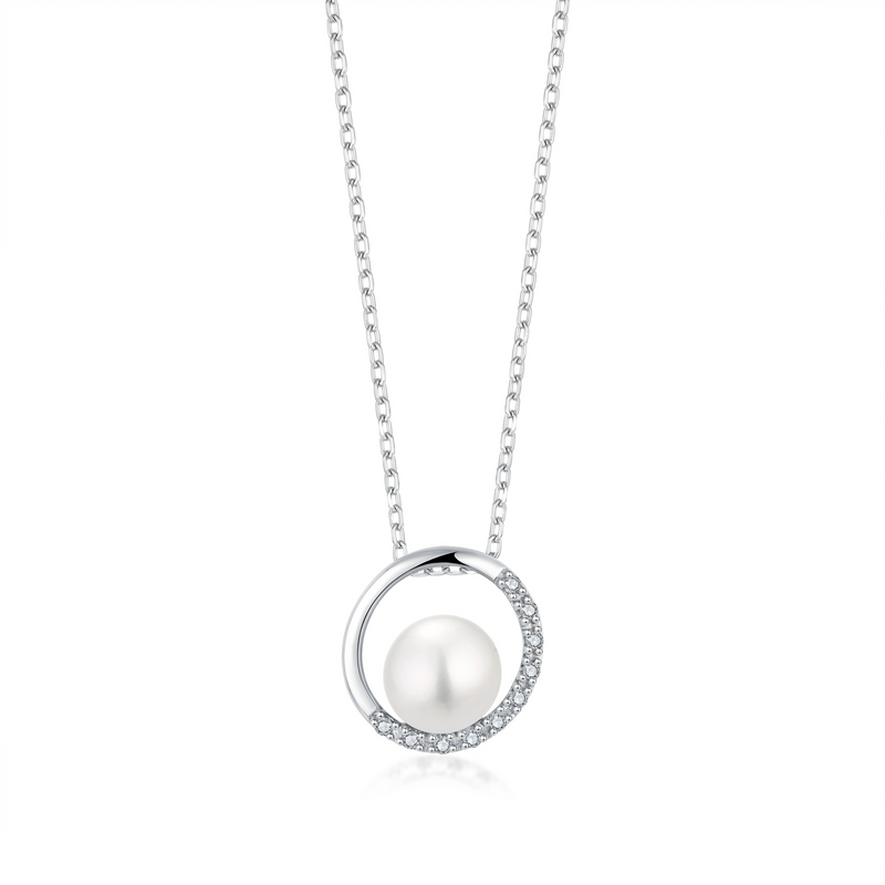 lumina pearl orbit pendant necklace in white gold finish — front view