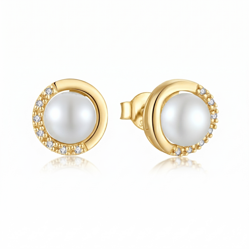 lumina pearl orbit stud earrings in yellow gold finish — front view