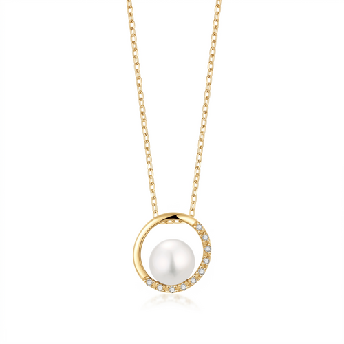 lumina pearl orbit pendant necklace in yellow gold finish — front view