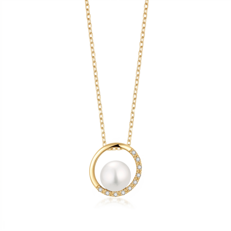 lumina pearl orbit pendant necklace in yellow gold finish — front view