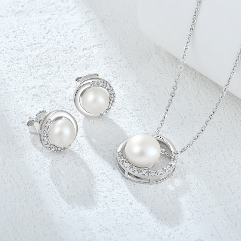 lumina pearl orbit stud earrings in white gold finish — model view