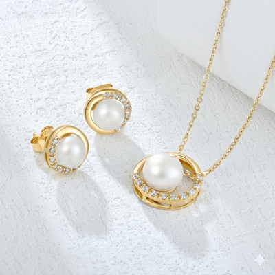 lumina pearl orbit stud earrings in yellow gold finish — model view