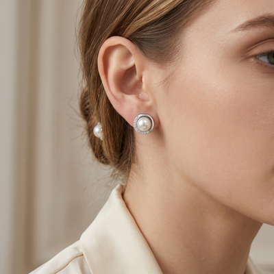lumina pearl orbit stud earrings in white gold finish — model view
