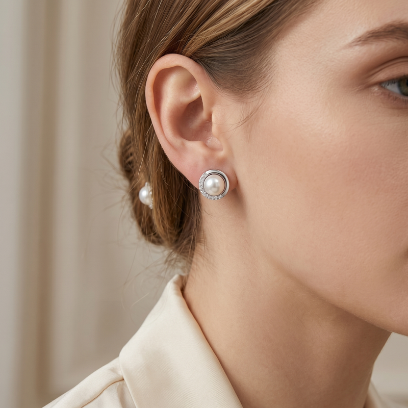 lumina pearl orbit stud earrings in white gold finish — model view
