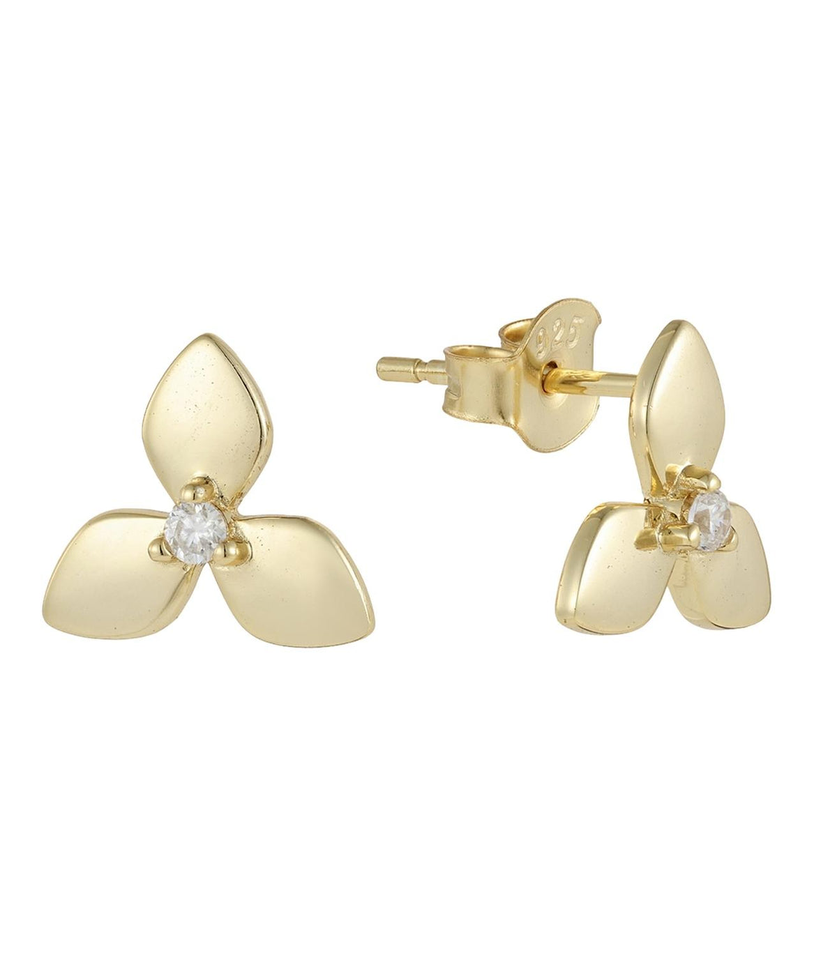triple petal stud earrings in yellow gold finish — front view