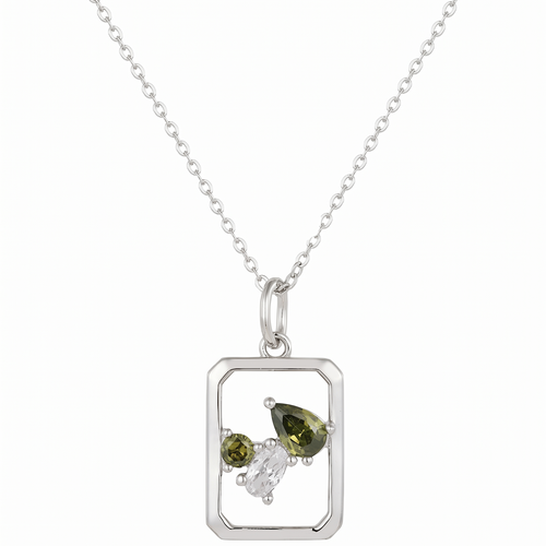 garden rectangle pendant necklace in white gold finish — front view