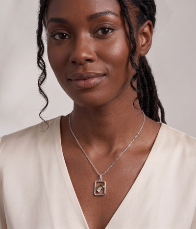 garden rectangle pendant necklace in white gold finish — model view