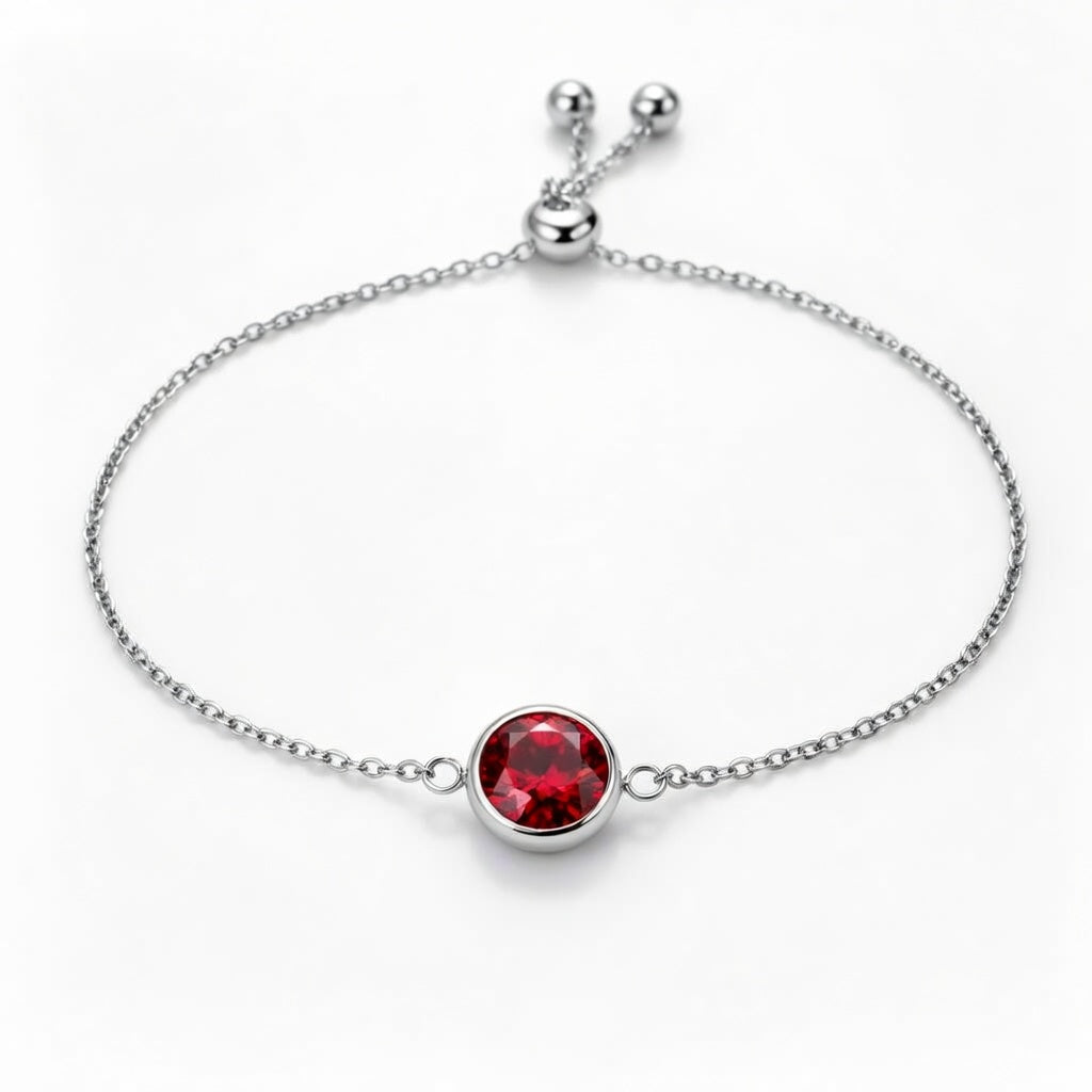 garnet birthstone bracelet in white gold finish — front view