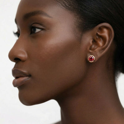 garnet birthstone stud earrings in rose gold finish — model view