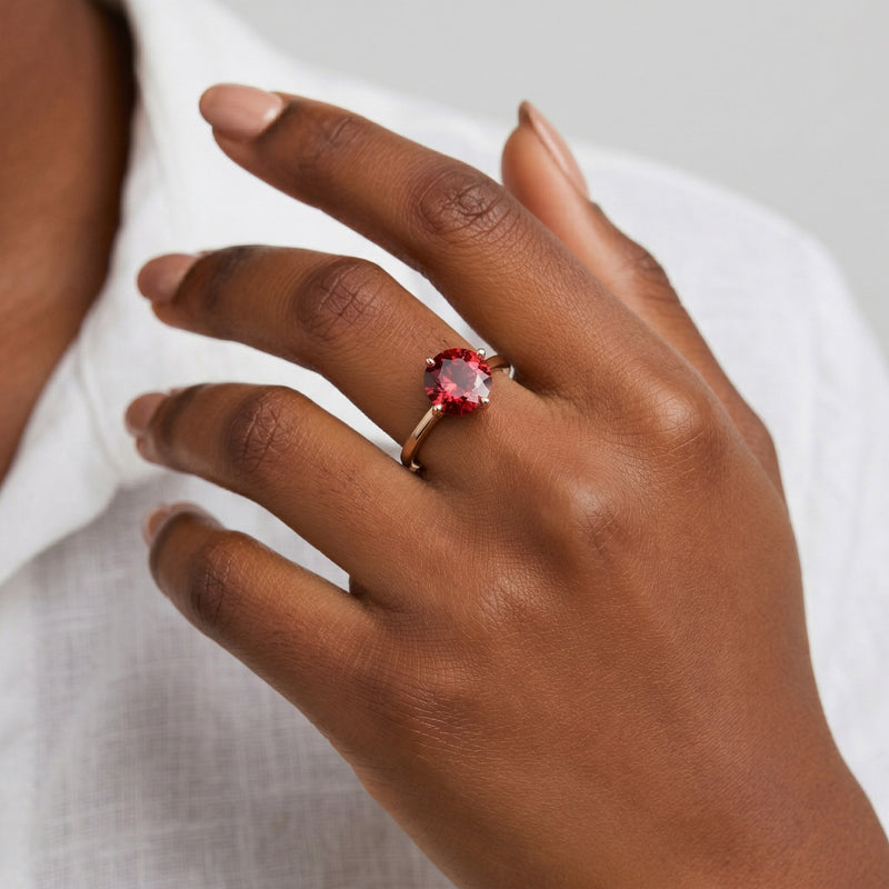 garnet birthstone ring in rose gold finish — model view