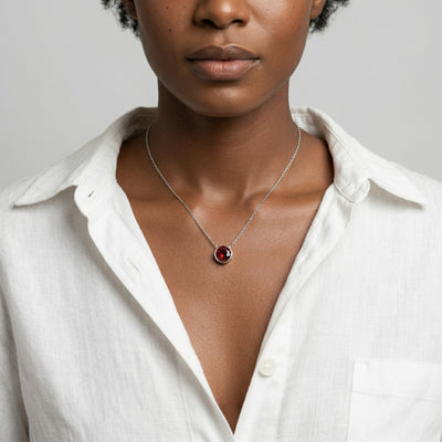 garnet birthstone necklace in white gold finish — model view