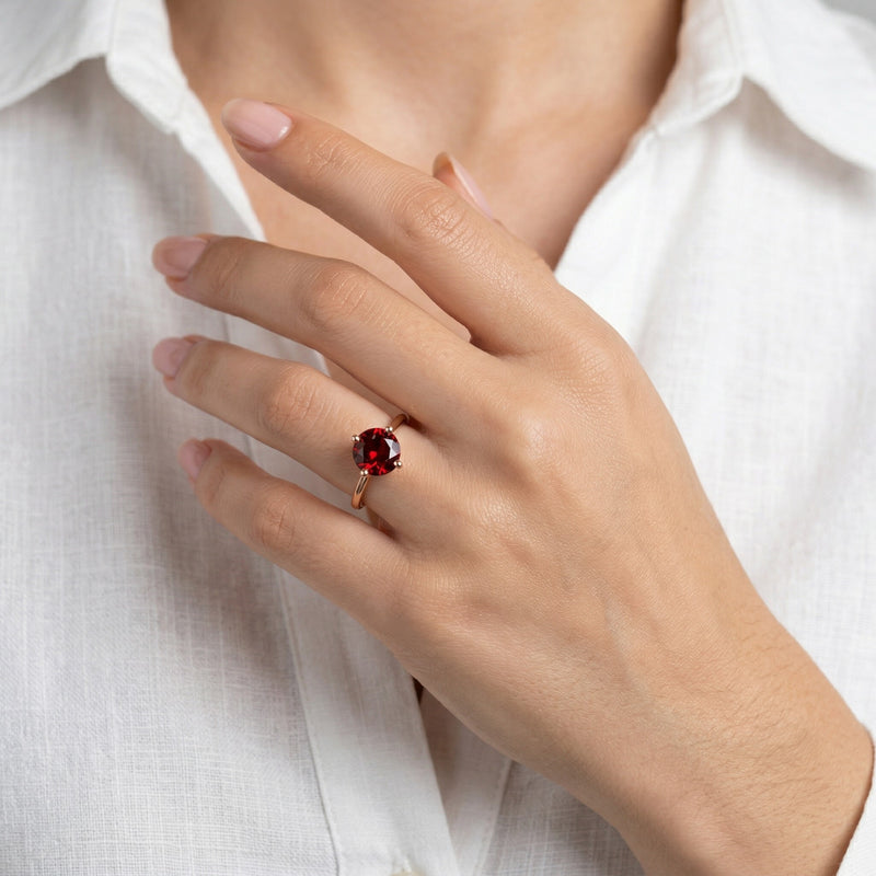 garnet birthstone ring in rose gold finish — model view
