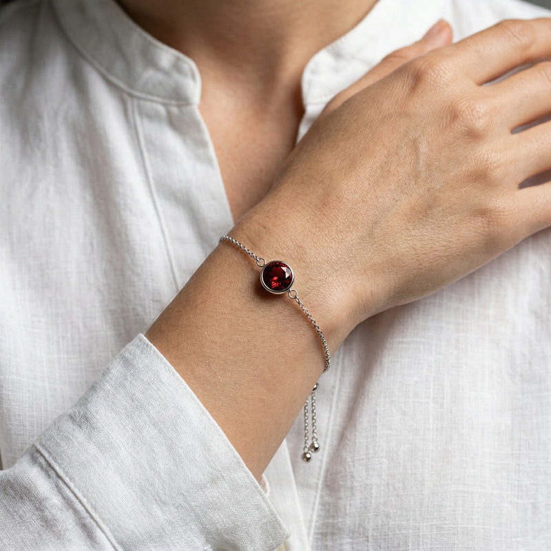 garnet birthstone bracelet in white gold finish — model view