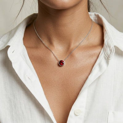 garnet birthstone necklace in white gold finish — model view