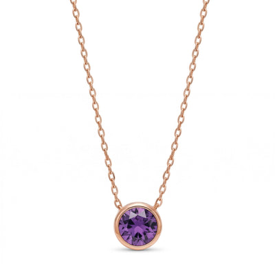 amethyst birthstone necklace in rose gold finish — front view