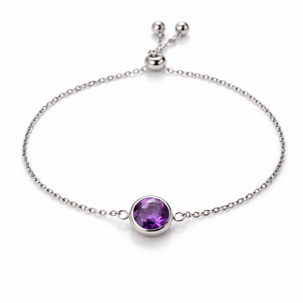 amethyst birthstone bracelet in white gold finish — front view