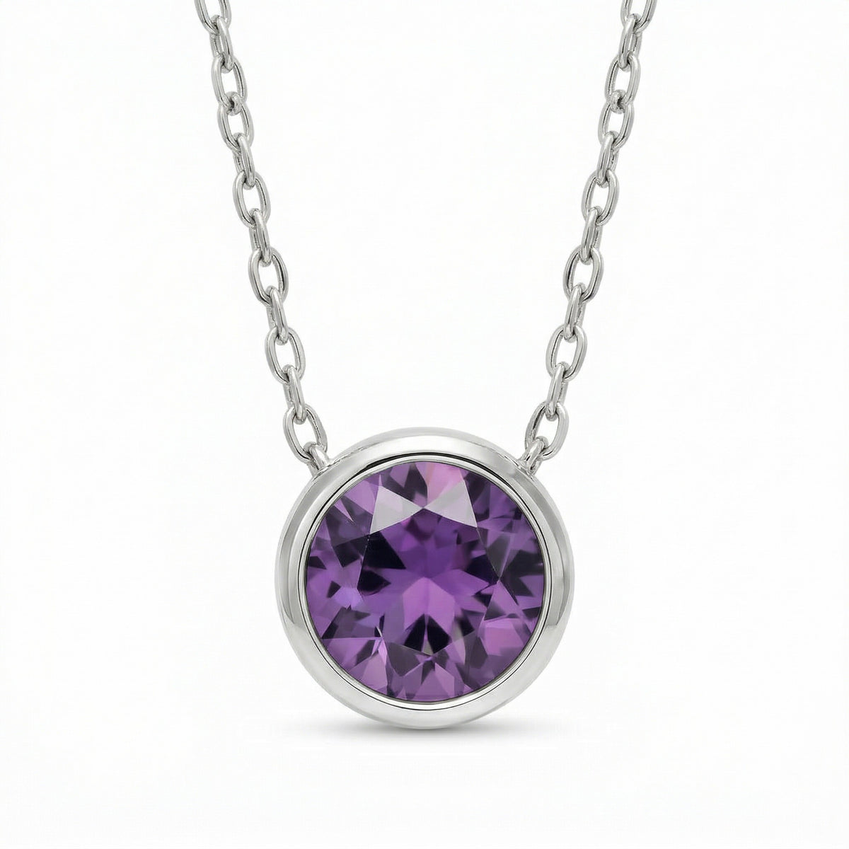 amethyst birthstone necklace in white gold finish — front view