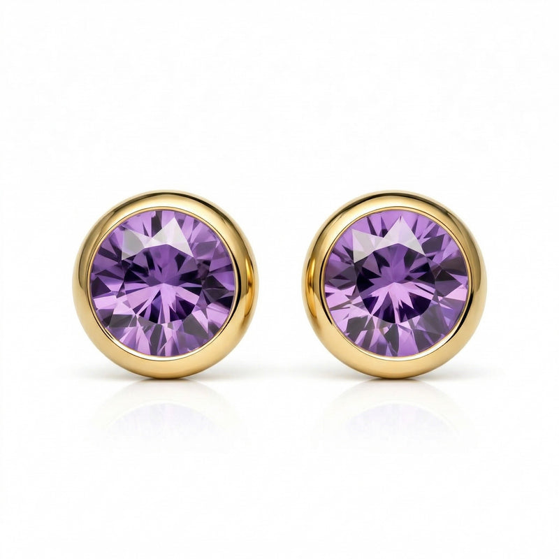 amethyst birthstone stud earrings in yellow gold finish — front view