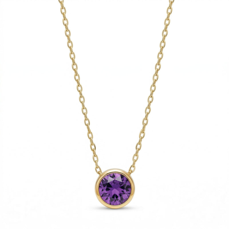 amethyst birthstone necklace in yellow gold finish — front view